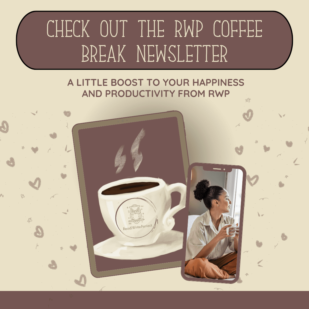 Illustration of coffee mug and invite to free RWP coffee break newsletter